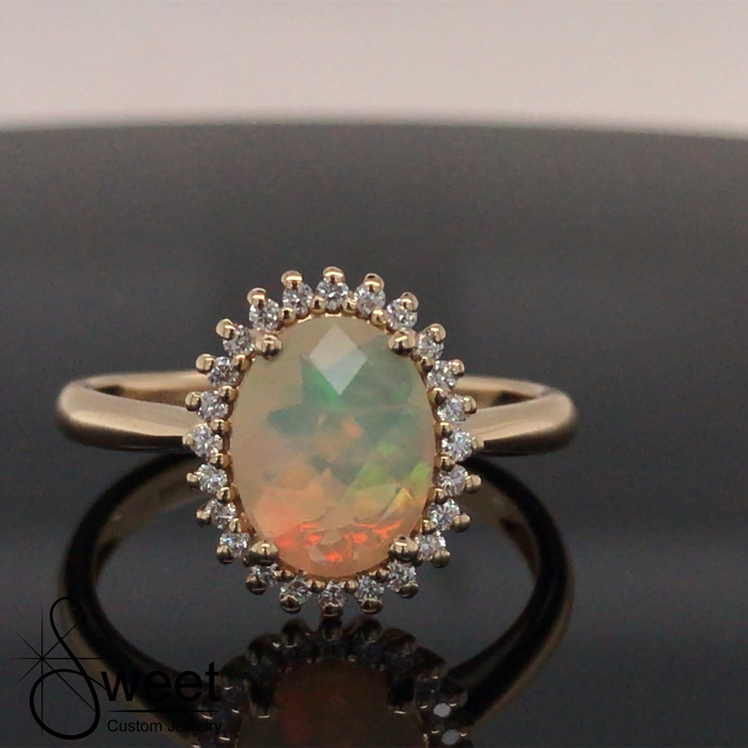 Yellow gold Ethiopian opal and diamond ring
