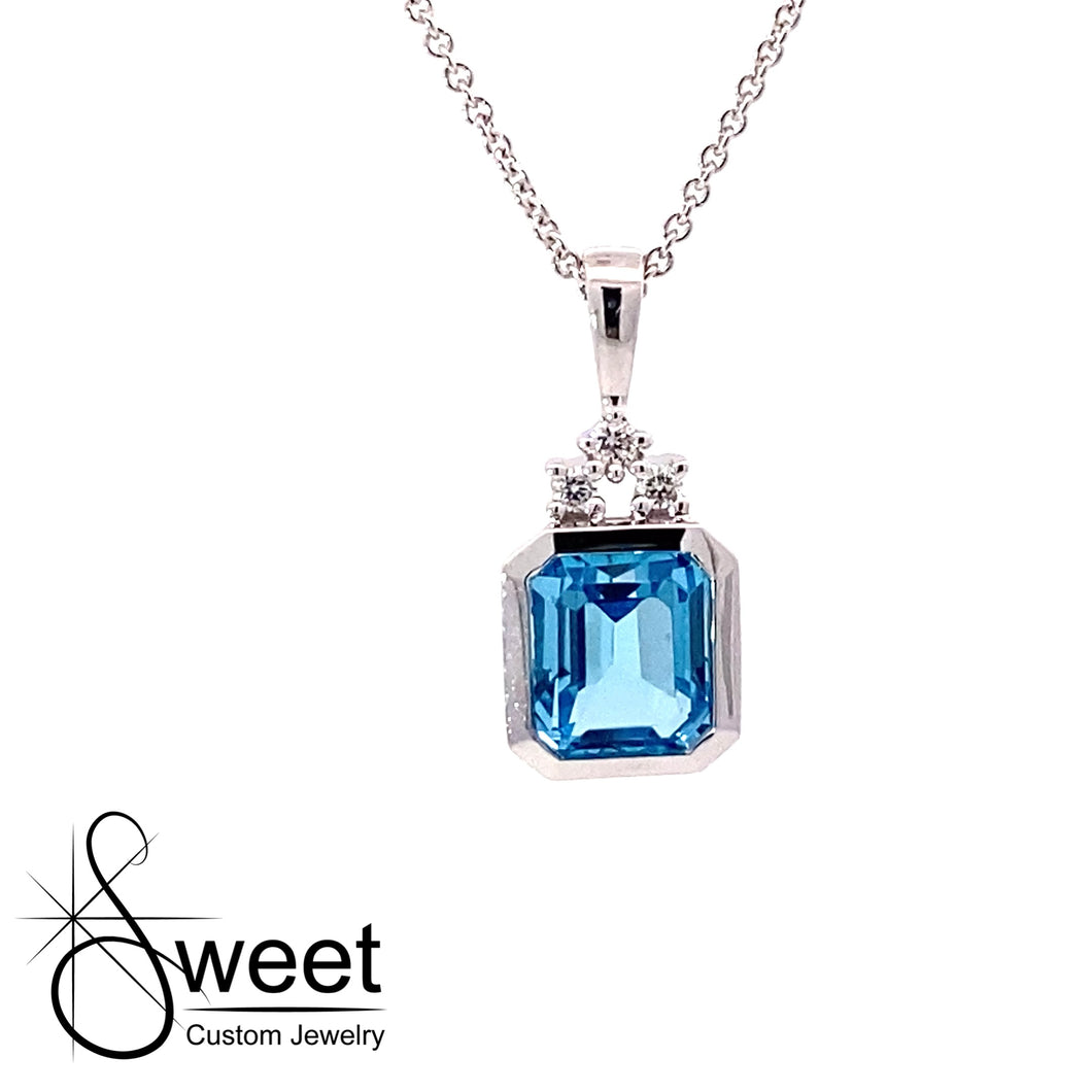 14kt White Gold Blue Topaz and Diamond Pendant