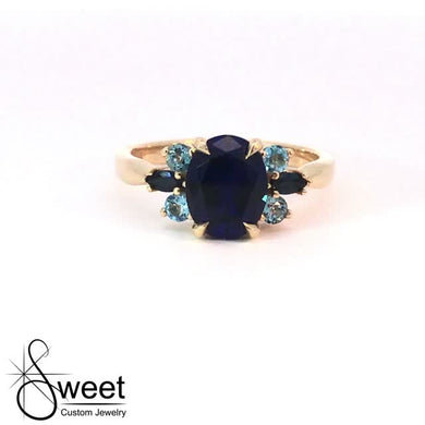 14kt yellow gold sapphire and blue topaz ring