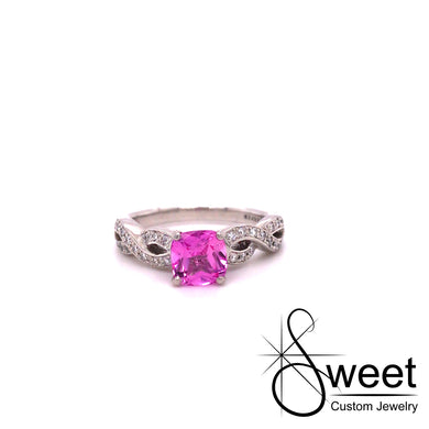 ONE LADIES 14KT WHITE GOLD CREATED PINK SAPPHIRE RING