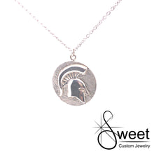 Load image into Gallery viewer, Sterling silver pendant with round disk and raised spartan head