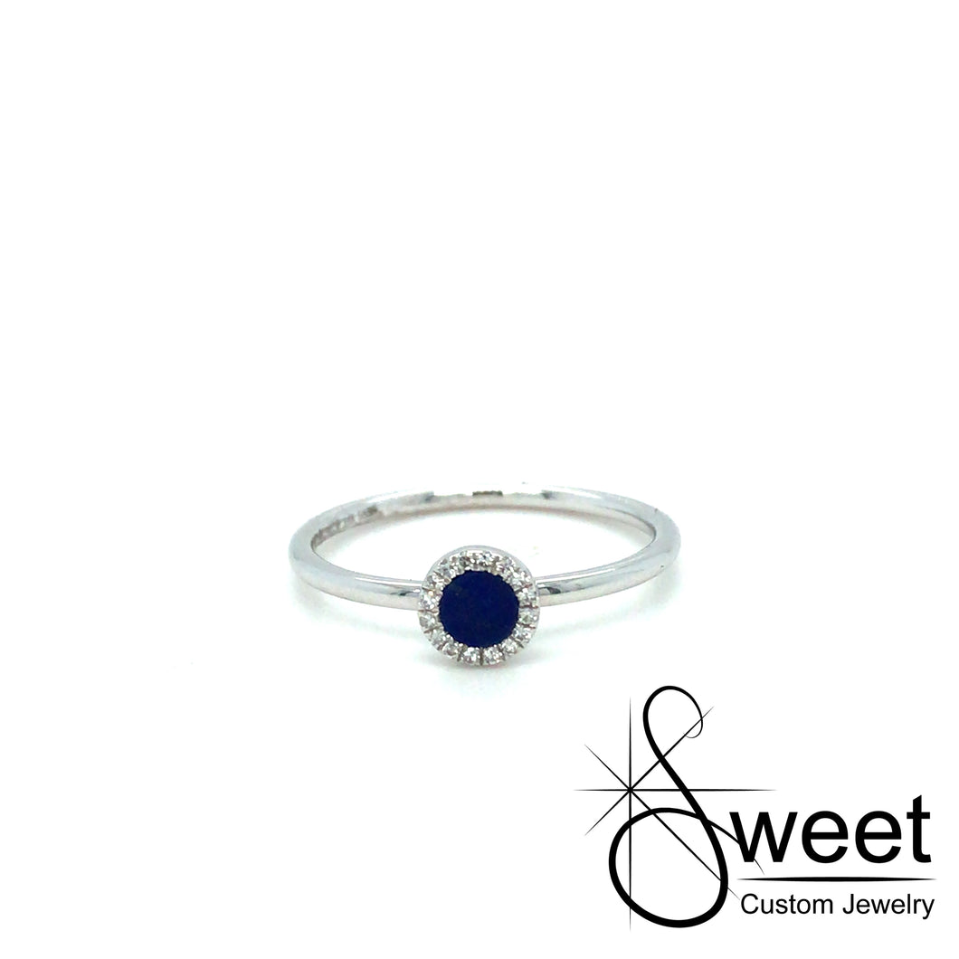 ONE 14KT WHITE GOLD LAPIS AND DIAMOND RING. .05CTTW