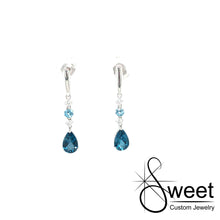 Load image into Gallery viewer, 14kt WHITE GOLD DANGLE BLUE TOPAZ EARRINGS WITH ONE ROUND DIAMOND
