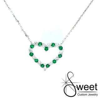 14kt WHITE GOLD FLOATING HEART PENDANT FEATURING ALTERNATING ROUND DIAMONDS .26CTTW AND NATURAL ROUND EMERALDS