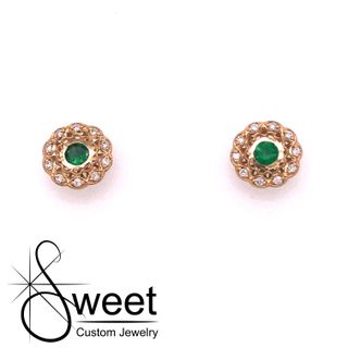 ONE PAIR OF 14KT YELLOW GOLD LATTICE STYLE STUDS EACH FEATURING ONE GENUINE 3.5MM EMERALD ACCENTED BY ROUND BRILLIANT CUT DIAMONDS