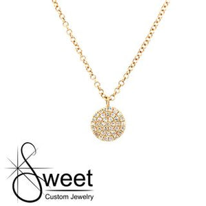 ONE LADIES 14KT YELLOW GOLD MINI PAVE DISC PENDANT FEATURING ROUND PAVE SET DIAMONDS .10CTTW ON AN ADJUSTABLE CABLE CHAIN 16-18" IN LENGTH