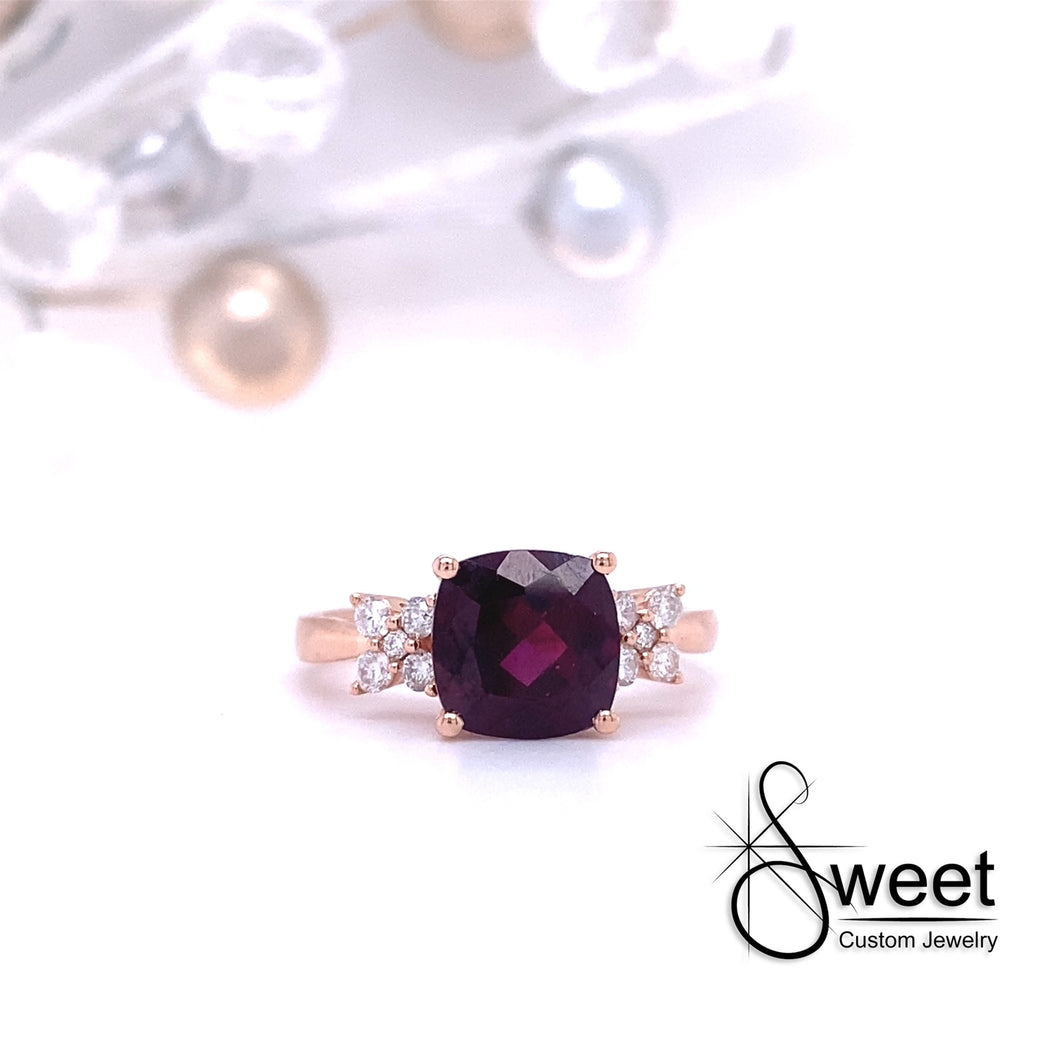 14kt rose gold Rhodolite Garnet and Diamond ring