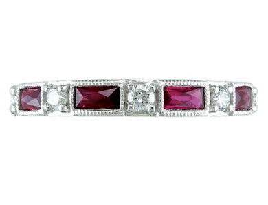 14KT WHITE GOLD RING FEATURING RECTANGULAR RUBIES ALTERNATING  WITH ROUND DIAMONDS
