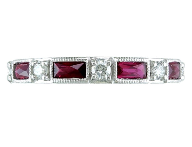 14KT WHITE GOLD RING FEATURING RECTANGULAR RUBIES ALTERNATING  WITH ROUND DIAMONDS