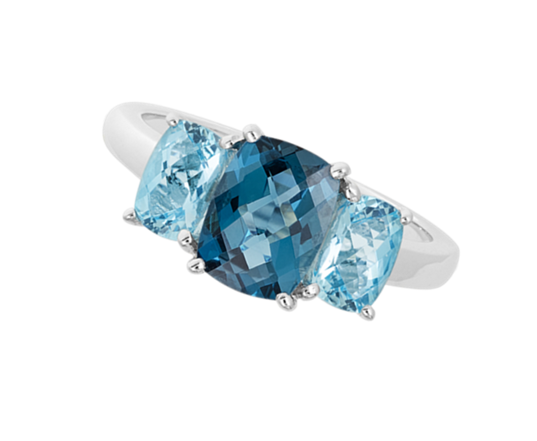 14kt WHITE GOLD RING FEATURING ONE LARGER CUSHION SHAPED LONDON BLUE TOPAZ