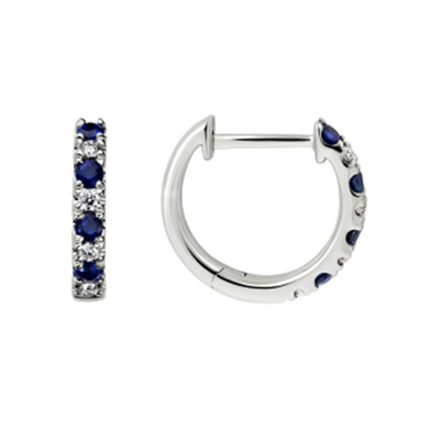 14kt white gold, blue sapphire and diamond huggies