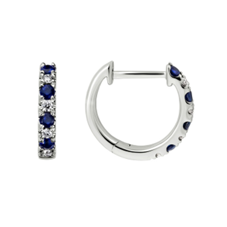 14kt white gold, blue sapphire and diamond huggies