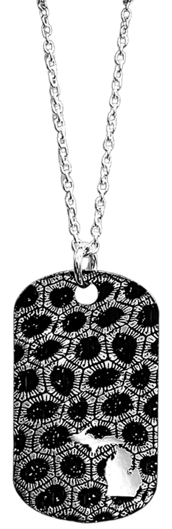 STERLING SILVER DOG TAG WITH PETOSKEY STONE PATTERN AND STATE OF MICHIGAN ON A 22inch CABLE CHAIN