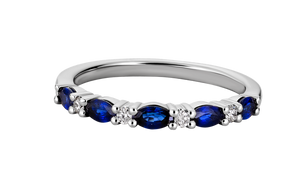 ONE 14KT WHITE GOLD RING FEATURING ALTERNATING MARQUISE SHAPED SAPPHIRES AND DIAMONDS