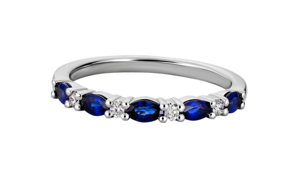 ONE 14KT WHITE GOLD RING FEATURING ALTERNATING MARQUISE SHAPED SAPPHIRES AND DIAMONDS