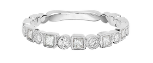 one 14kt white gold ring alternating shapes of diamonds square  / circle with milgrain.