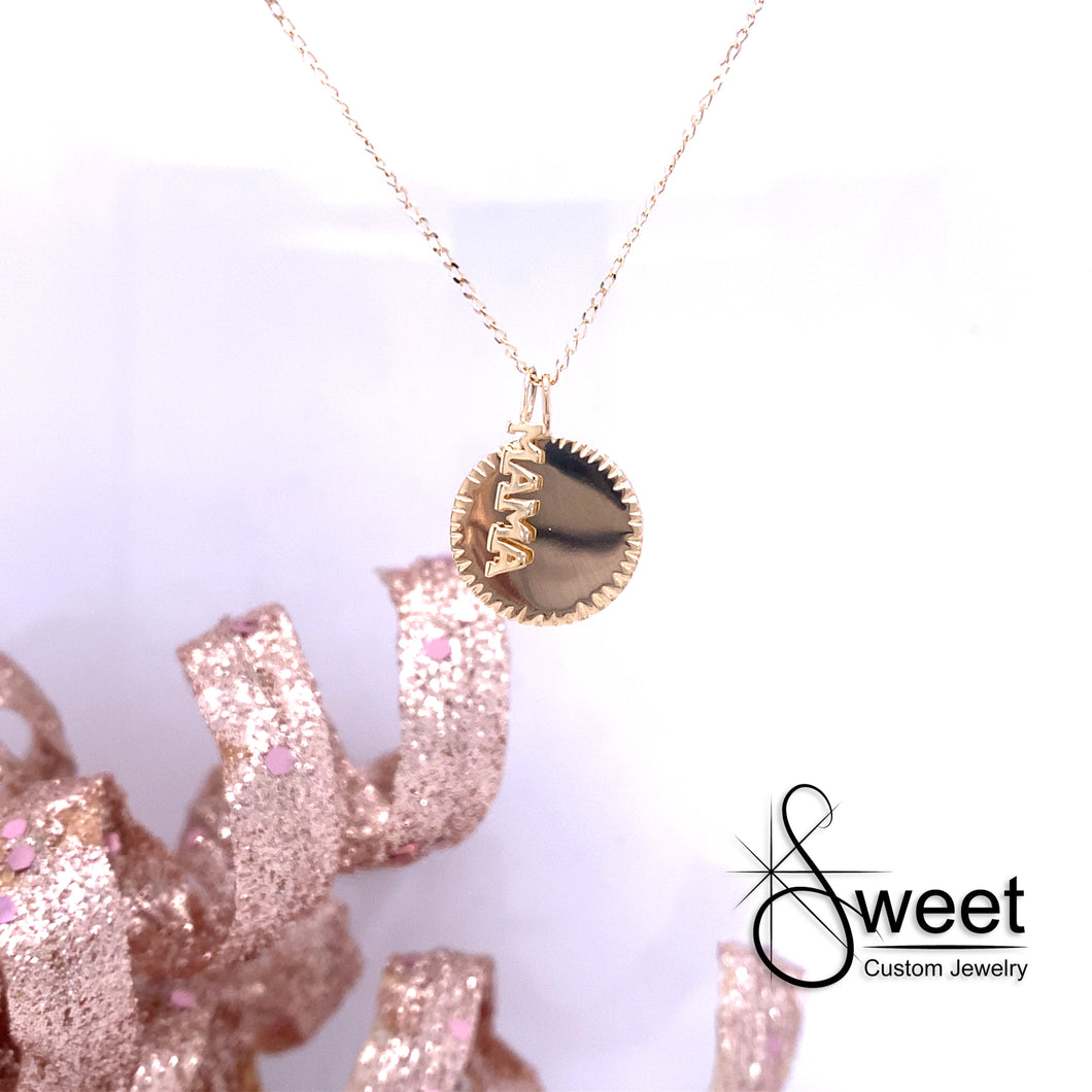 14kt yellow gold disc and mama pendant